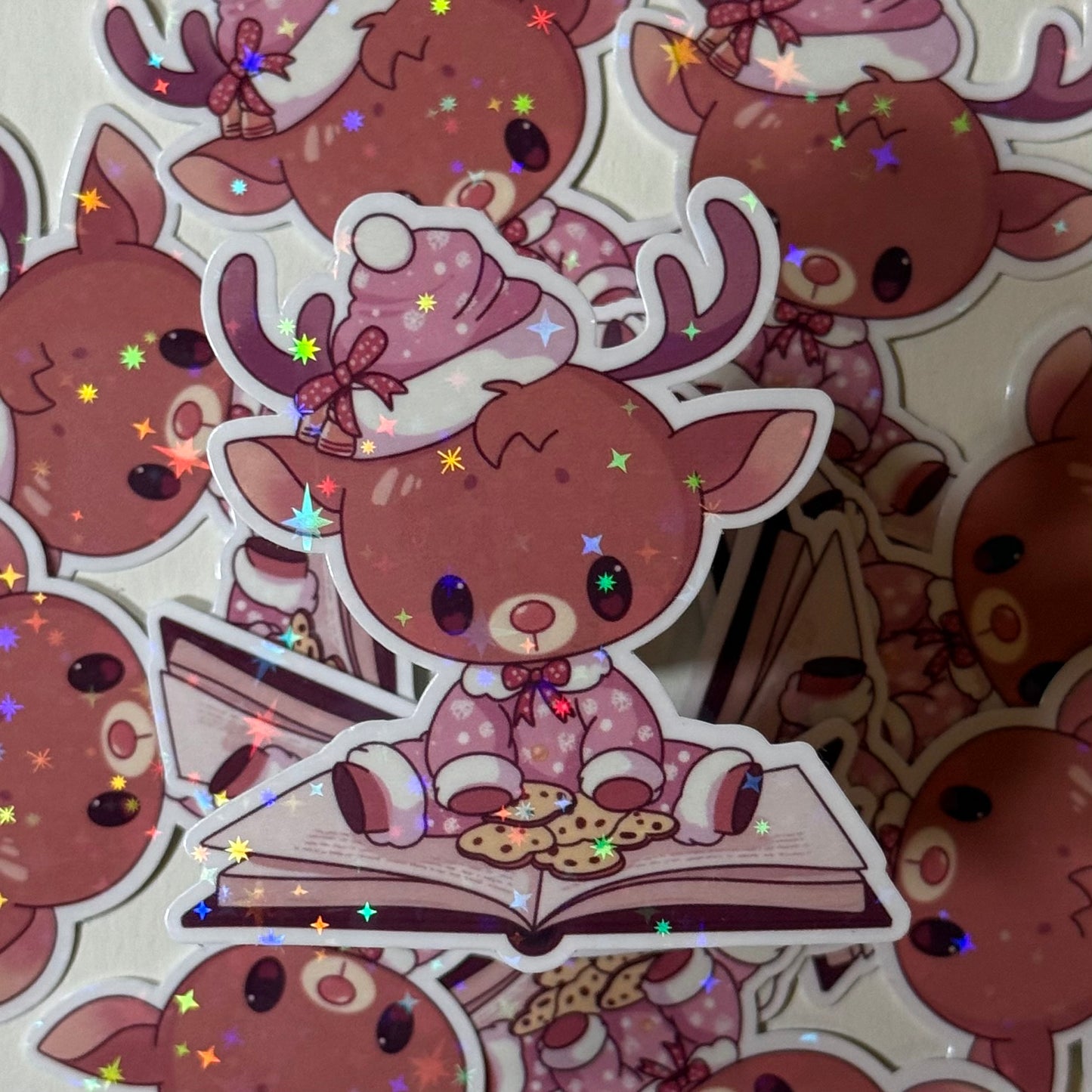 Niedlicher Rentier-Aufkleber – Kawaii Rentier mit Buch, Weihnachtsaufkleber, Planer-Dekoration, Scrapbooking Sticker, Weihnachtsgeschenk