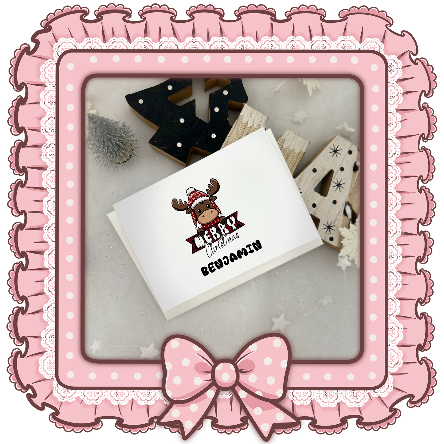 Personalisierte Weihnachtskarte mit süßem Elch – Handgemacht, DIN A6, Inkl. Umschlag & Name nach Wahl