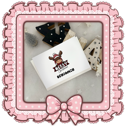 Personalisierte Weihnachtskarte mit süßem Elch – Handgemacht, DIN A6, Inkl. Umschlag & Name nach Wahl