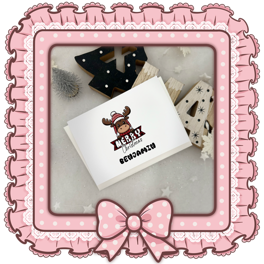 Personalisierte Weihnachtskarte mit süßem Elch – Handgemacht, DIN A6, Inkl. Umschlag & Name nach Wahl