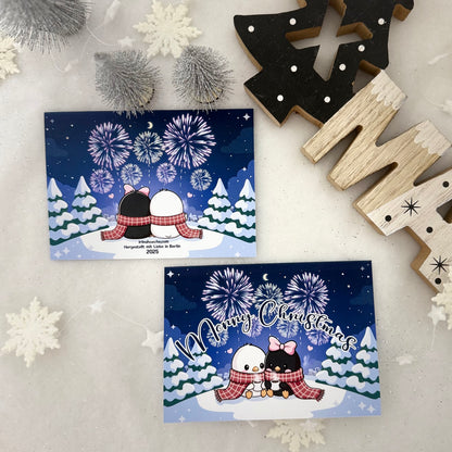 Süße handgemachte Weihnachtskarte mit Pinguin-Pärchen und Feuerwerk – Inkl. Umschlag, DIN A6