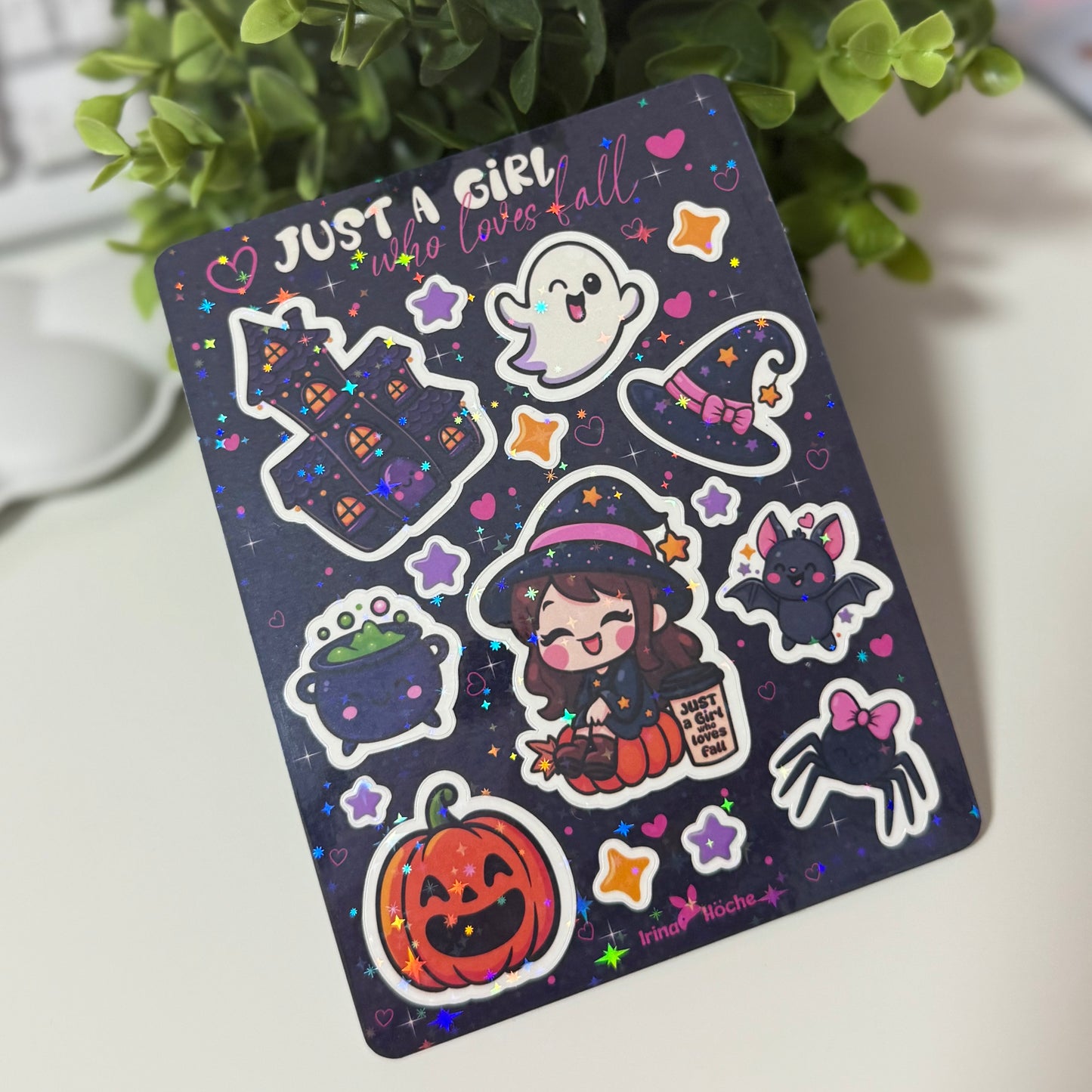Halloween Sticker Sheet – Kawaii Aufkleber Set, holografisch laminiert und wasserfest, spooky Deko für Journal & Trinkflasche