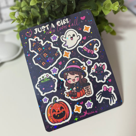 Halloween Sticker Sheet – Kawaii Aufkleber Set, holografisch laminiert und wasserfest, spooky Deko für Journal & Trinkflasche