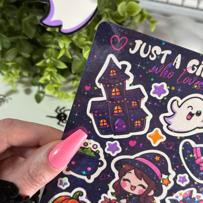 Halloween Sticker Sheet – Kawaii Aufkleber Set, holografisch laminiert und wasserfest, spooky Deko für Journal & Trinkflasche