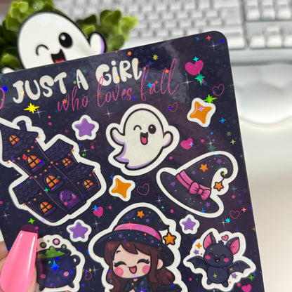 Halloween Sticker Sheet – Kawaii Aufkleber Set, holografisch laminiert und wasserfest, spooky Deko für Journal & Trinkflasche