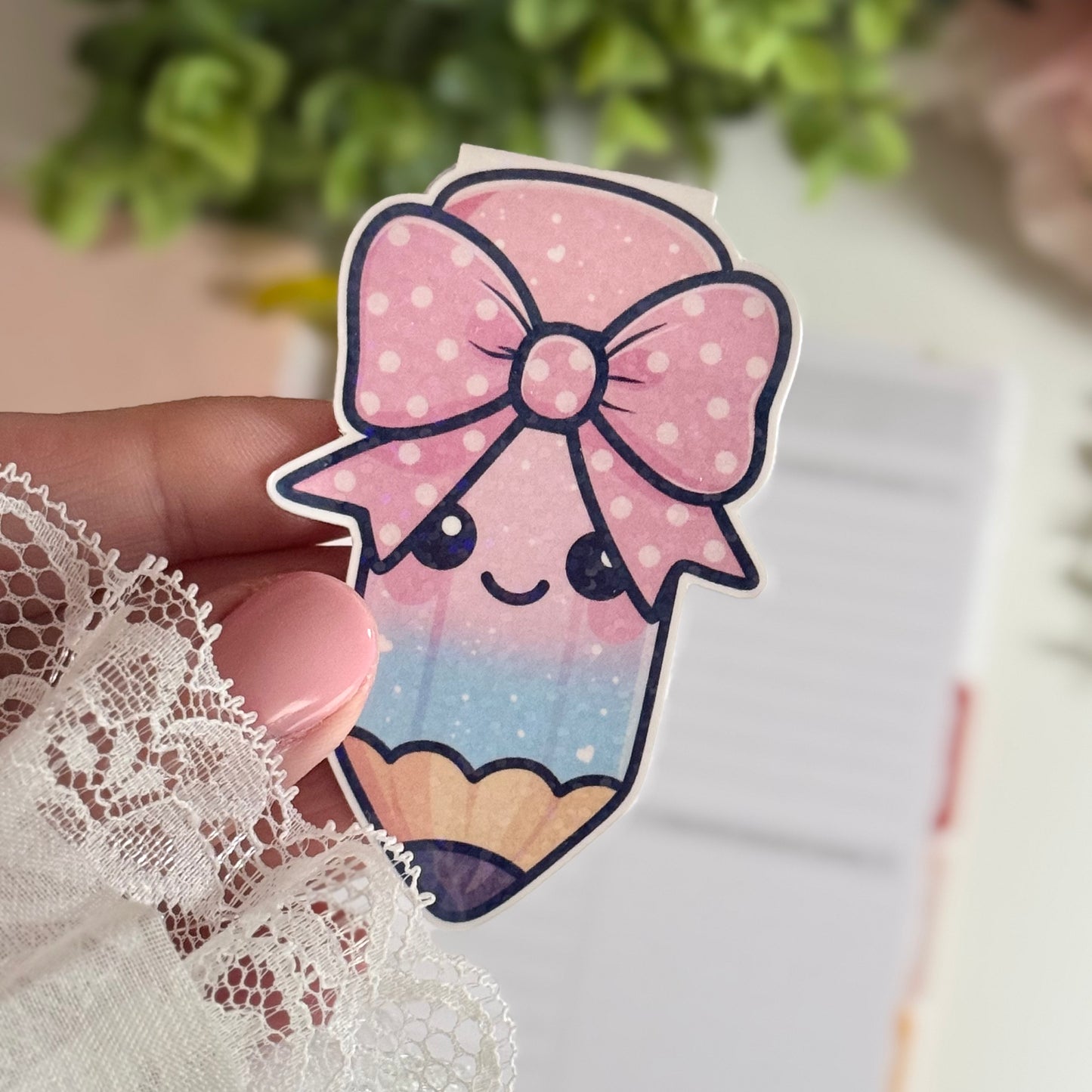 Magnetisches Kawaii Lesezeichen - süße Bleistift mit Schleife - Holografisch laminiert, kawaii Design für Bücher & Planer