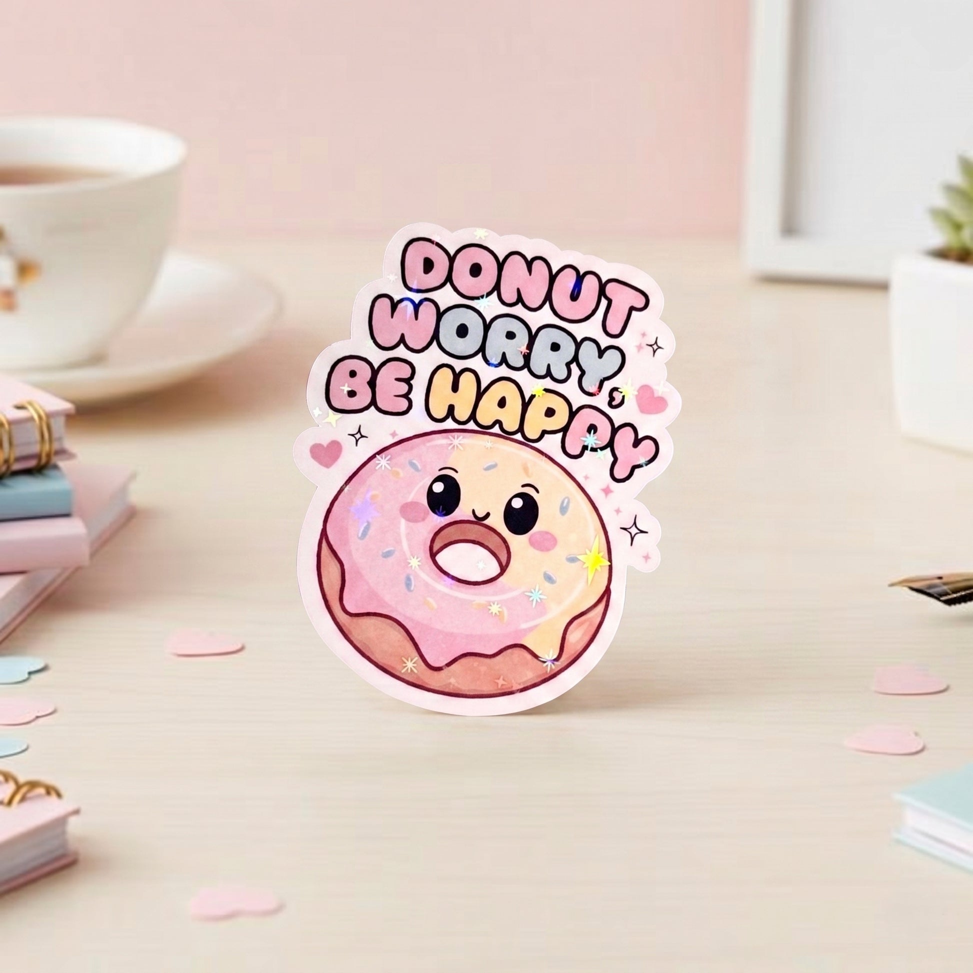 Kawaii Donut Die-Cut Vinyl Sticker mit holografischem Schimmer-Effekt, rosa Glasur und Streuseln, Spruch Donut Worry Be Happy, glänzend laminiert, ca. 5×6,4 cm