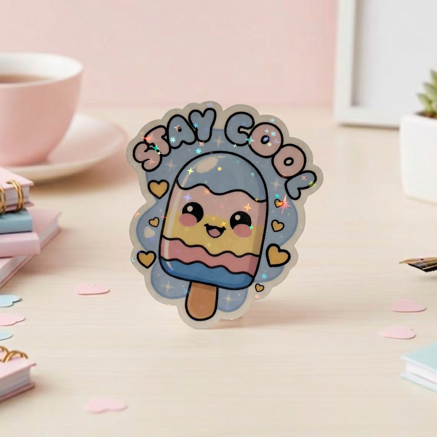 Kawaii Eis am Stiel Die-Cut Vinyl Sticker mit holografischem Schimmer-Effekt, blau-rosa Farben, goldenen Herzchen und Stay Cool Schriftzug, holografisch laminiert, ca. 5,9×6,5 cm