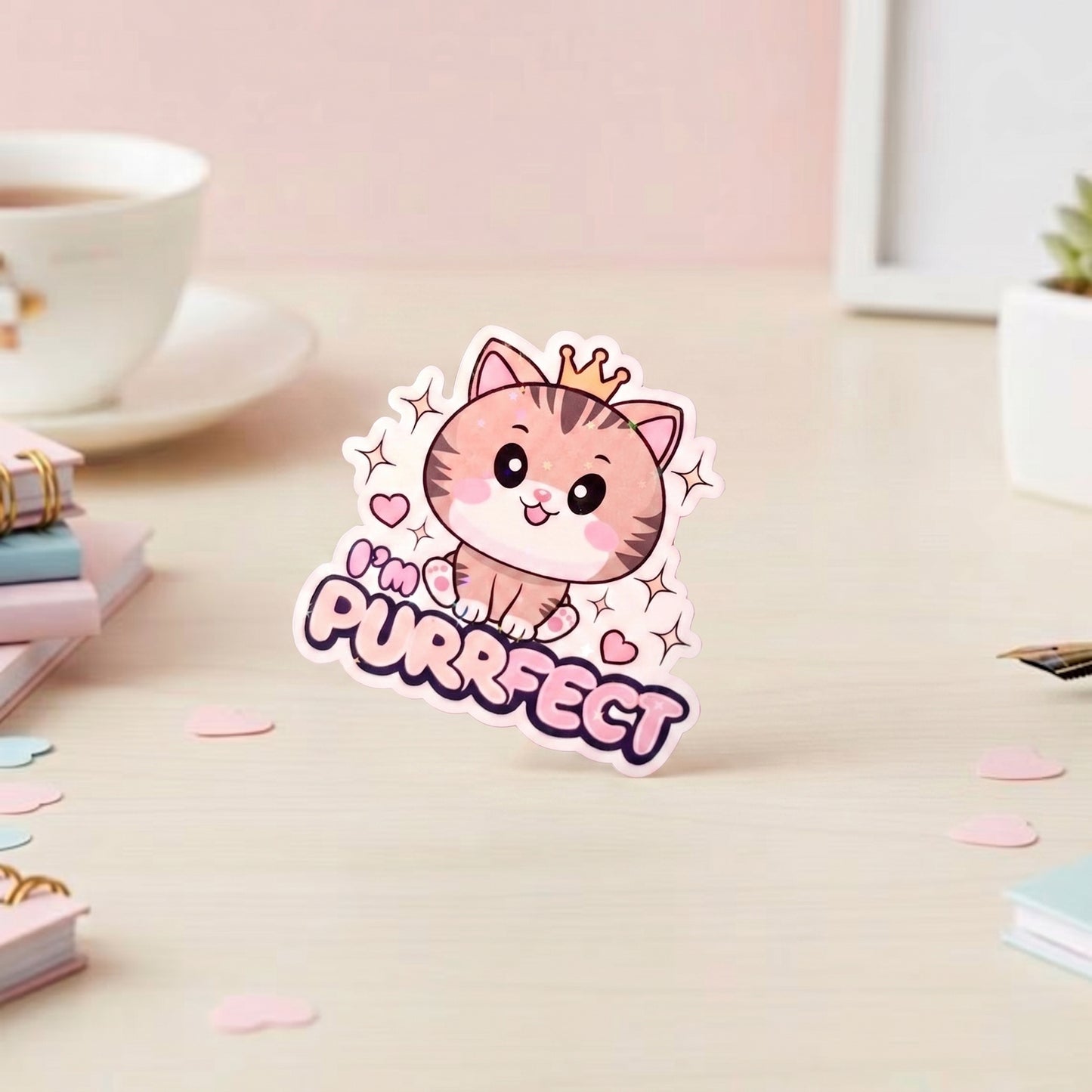 Kawaii Katze mit goldener Krone, rosigen Wangen und Herzchen, holografischer Glitzer Die-Cut Vinyl Sticker mit Spruch I'm Purrfect in Rosa und Lila, ca. 6,7×6,4 cm