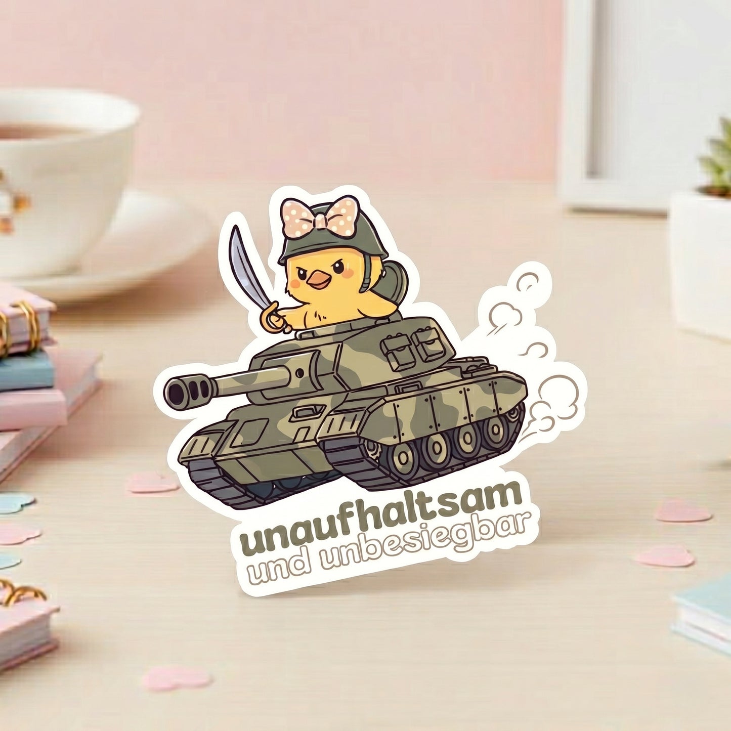 awaii Küken mit Armehelm und Schwert auf Tarnfarben-Panzer, glänzender Die-Cut Vinyl Sticker mit Spruch Unaufhaltsam und unbesiegbar, ca. 7×6,5 cm