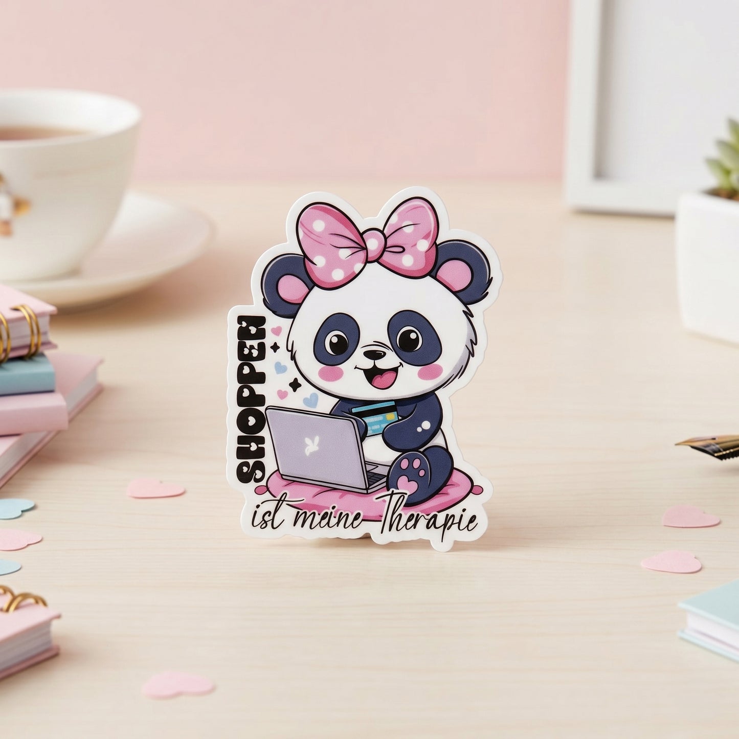 Kawaii Panda mit pinker Schleife, Laptop und Kreditkarte auf rosa Kissen, glänzend laminierter Die-Cut Vinyl Sticker mit Spruch Shoppen ist meine Therapie, weißer Rand, ca. 4,9×6,5 cm