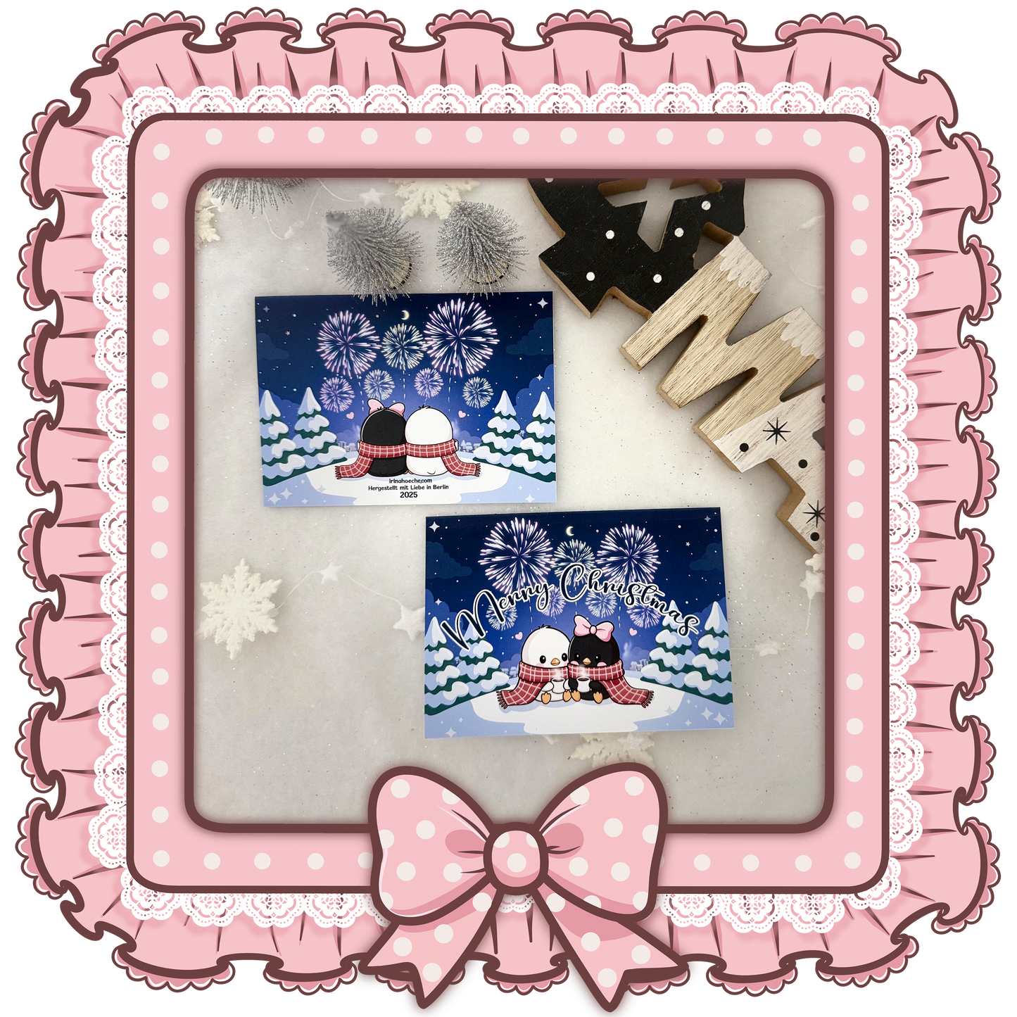 Süße handgemachte Weihnachtskarte mit Pinguin-Pärchen und Feuerwerk – Inkl. Umschlag, DIN A6