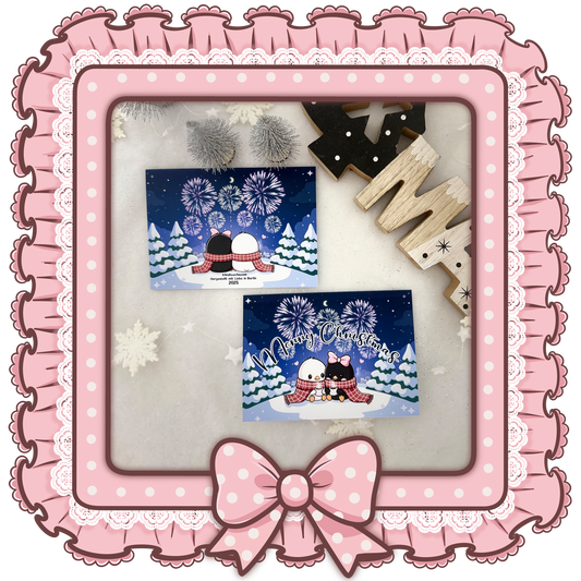 Süße handgemachte Weihnachtskarte mit Pinguin-Pärchen und Feuerwerk – Inkl. Umschlag, DIN A6