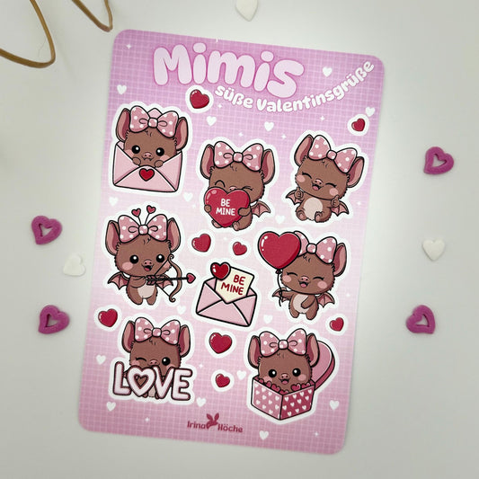 Sticker Sheet Mimis Süße Valentinsgrüße | Die Kawaii Fledermaus Mimi als Aufkleber für Planer, Journal, Geschenke | Be Mine Love Deko