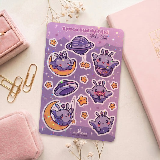 Space Buddy Flixi - Holografischer Kawaii Stickerbogen Weltraum