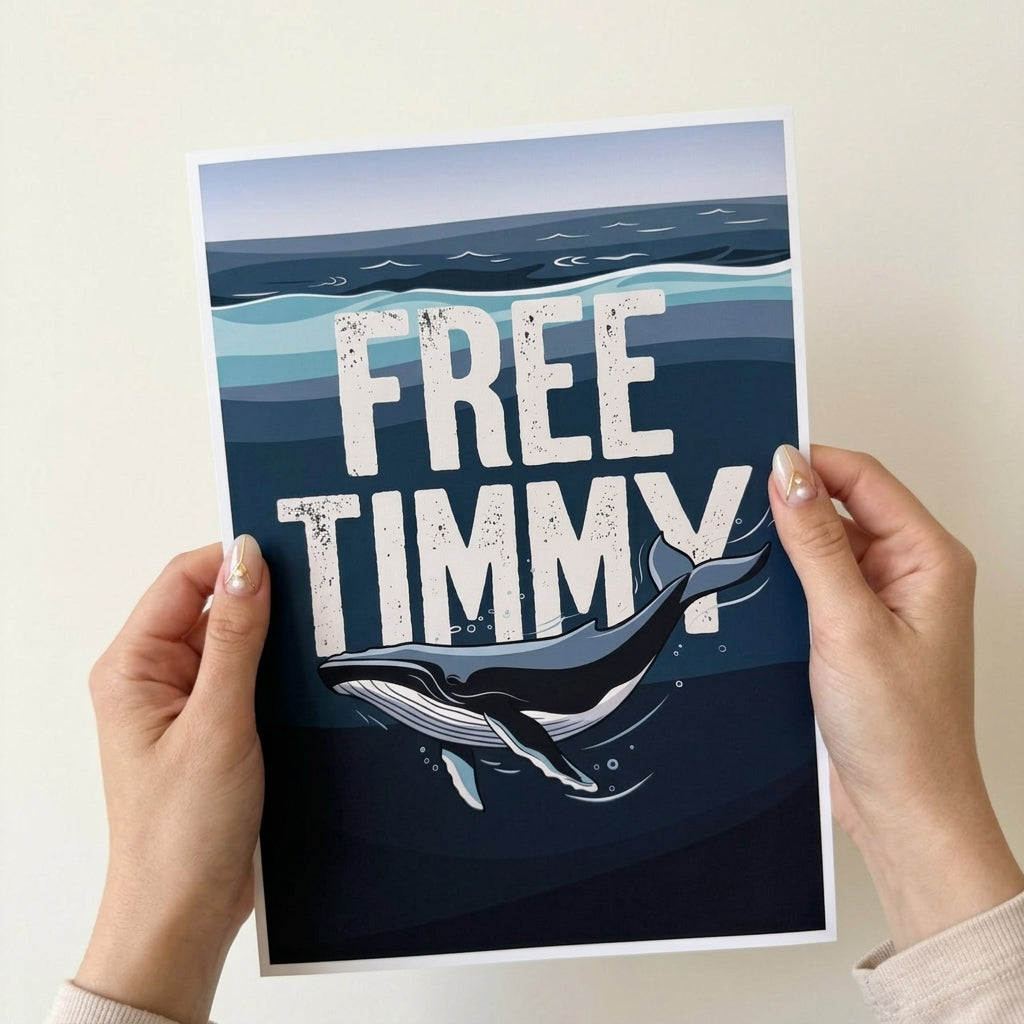 Free Timmy handgezeichnetes Buckelwal Poster A4, Wal gleitet durch tiefblaue Ozean-Schichten mit verwittertem Free Timmy Schriftzug, von Hand gedruckt, Wanddeko Navy-Blau