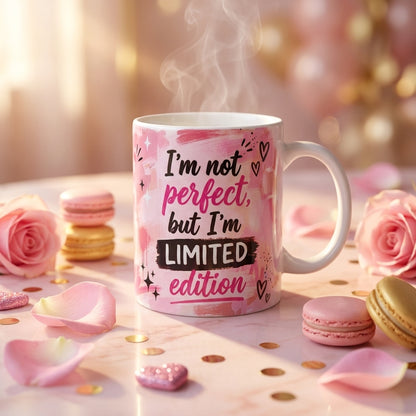 Weiße Keramiktasse 330ml mit rosa Pinsel-Hintergrund und Statement-Spruch I'm not perfect but I'm Limited Edition in Pink und Schwarz mit Herzchen, Sublimationsdruck spülmaschinenfest Berlin