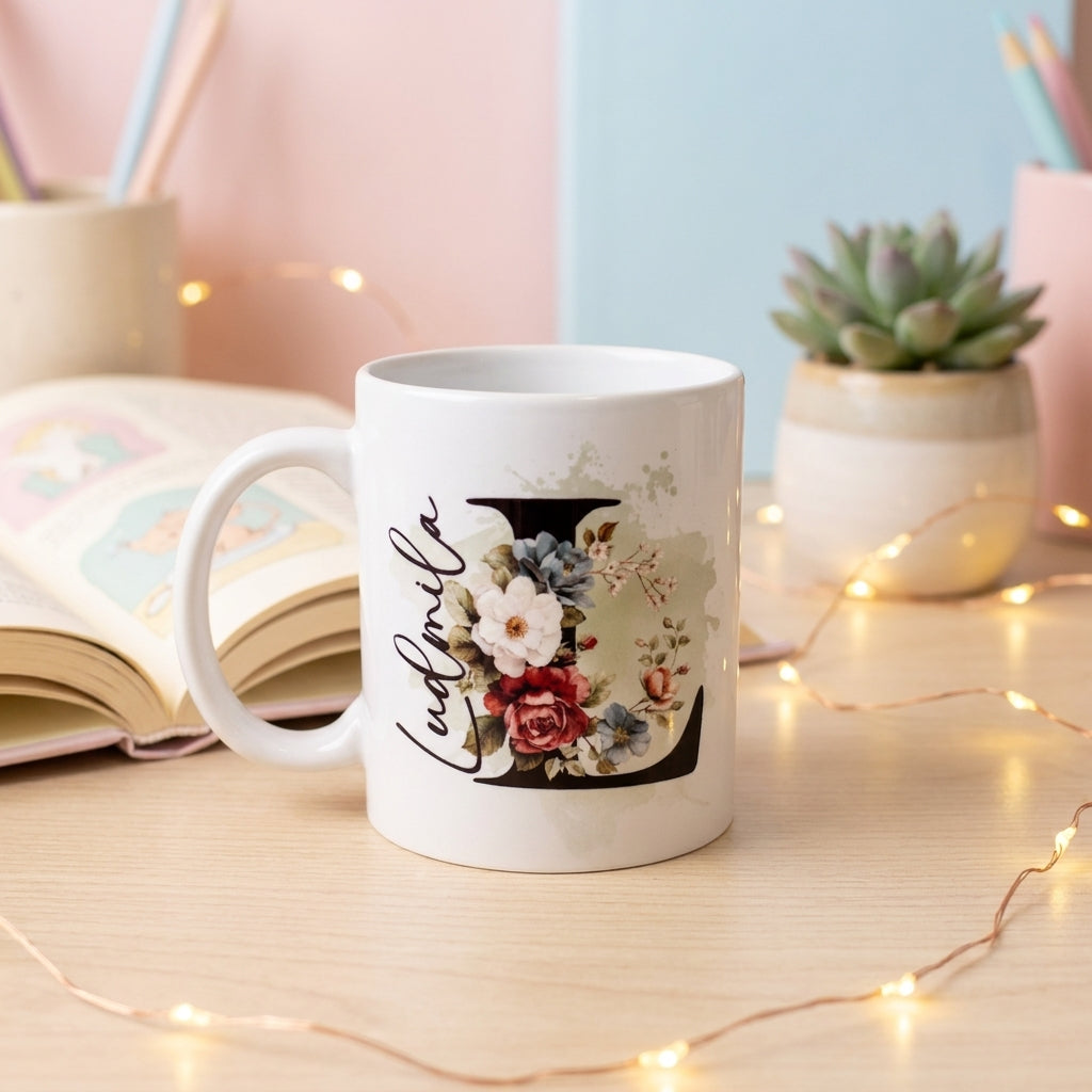 Personalisierte weiße Keramiktasse 330ml mit floralem Anfangsbuchstaben L und Name Ludmila in geschwungener Handschrift, Aquarell Rosen und Blüten, Sublimationsdruck spülmaschinenfest