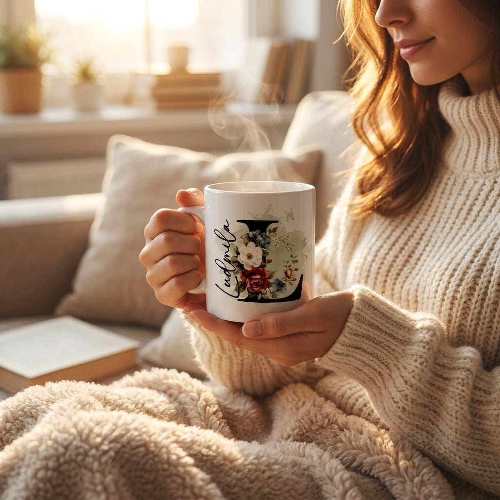 Frau in Wollpullover hält dampfende personalisierte Keramiktasse mit floralem Anfangsbuchstaben und Name, gemütliche Cozy-Atmosphäre im Wohnzimme