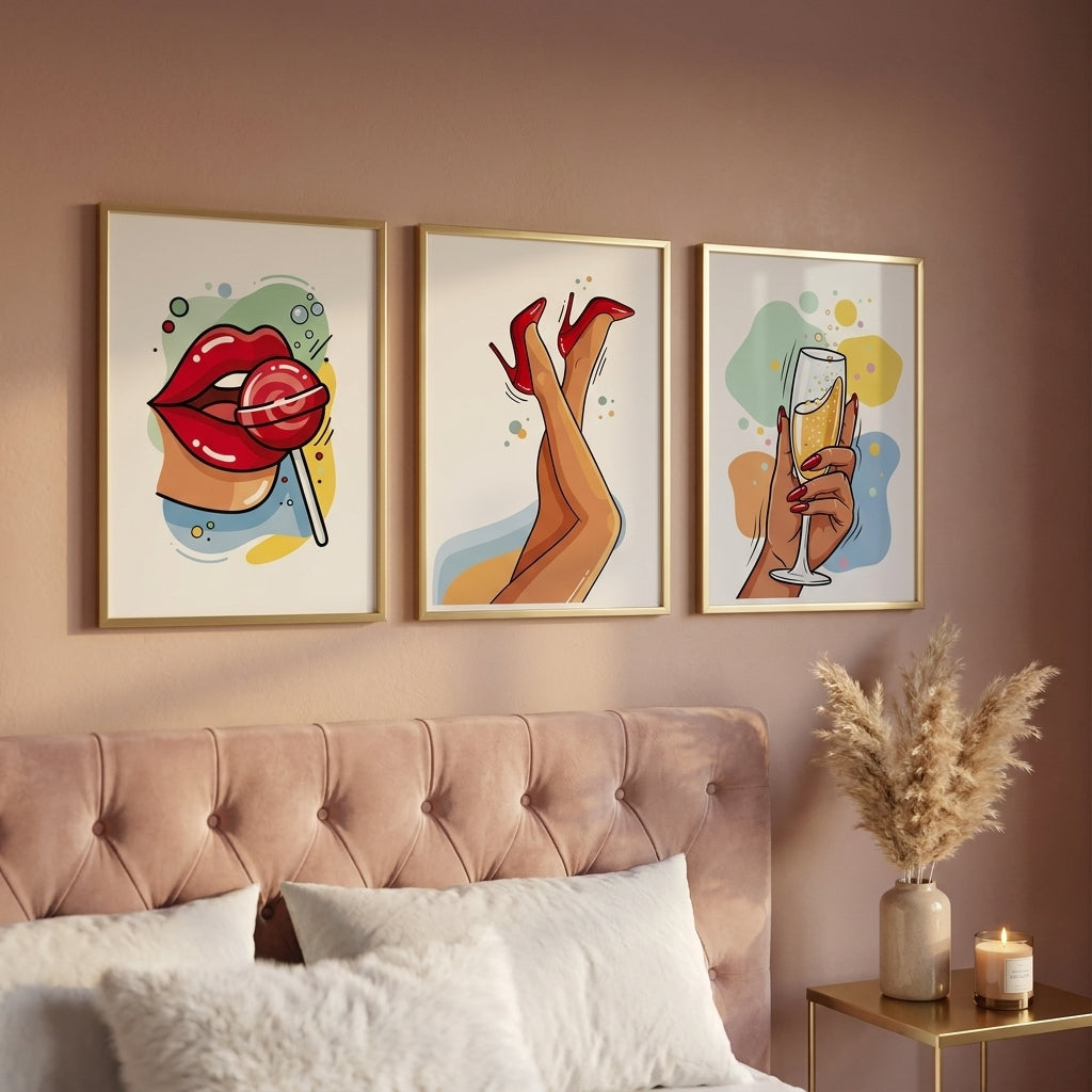 3-teiliges Pop-Art Poster Set She's That Girl mit roten Lippen und Lollipop, Beinen in High Heels und Hand mit Champagnerglas, 200g Mattpapier A4, feminine Wanddeko in Rot Mint und Orange