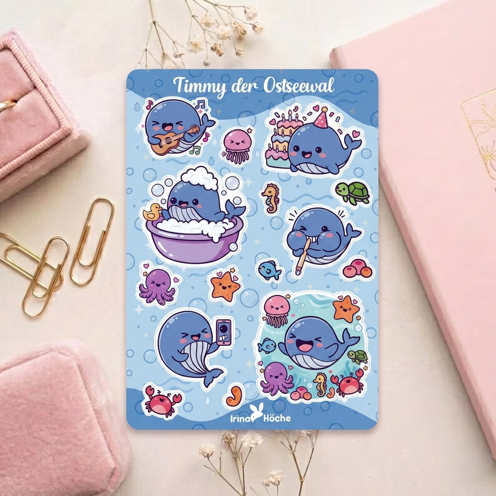Kawaii Stickerbogen Timmy der Ostseewal mit über 15 Motiven auf hellblauem Hintergrund, Wal beim Gitarre spielen Baden Feiern und Selfie machen, glänzend laminiertes Vinyl 10×15 cm